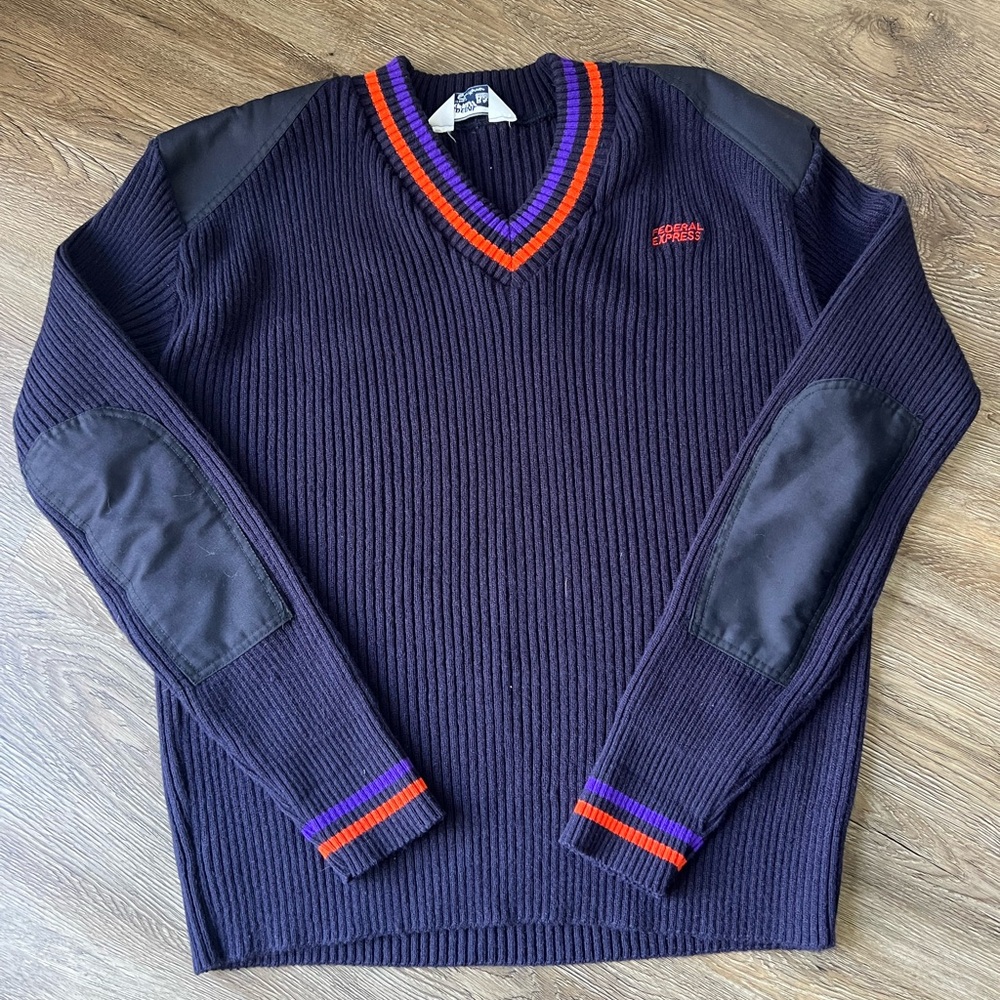 Vintage FedEx Federal Express Dark Blue V-Neck Sweater w/ Orange and Purple Trim